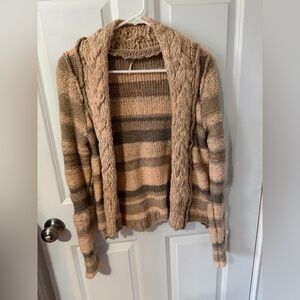 Free People Cable-Trim Striped Open Cardigan Sweater Flared Sleeve Mefium
